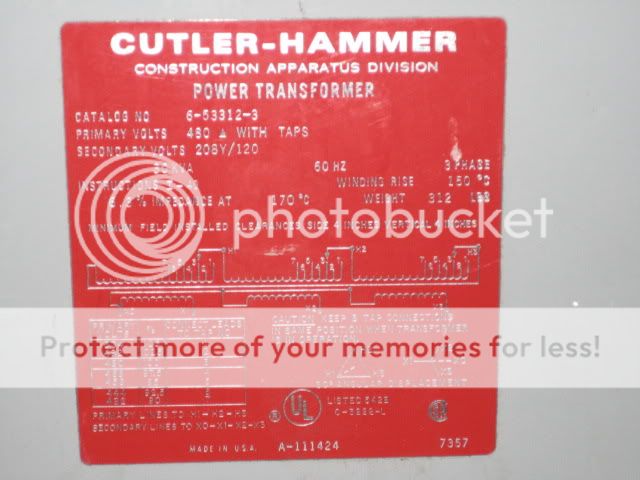 CUTLER HAMMER 30KVA 480 208Y/120 6 53312 3 TRANSFORMER  