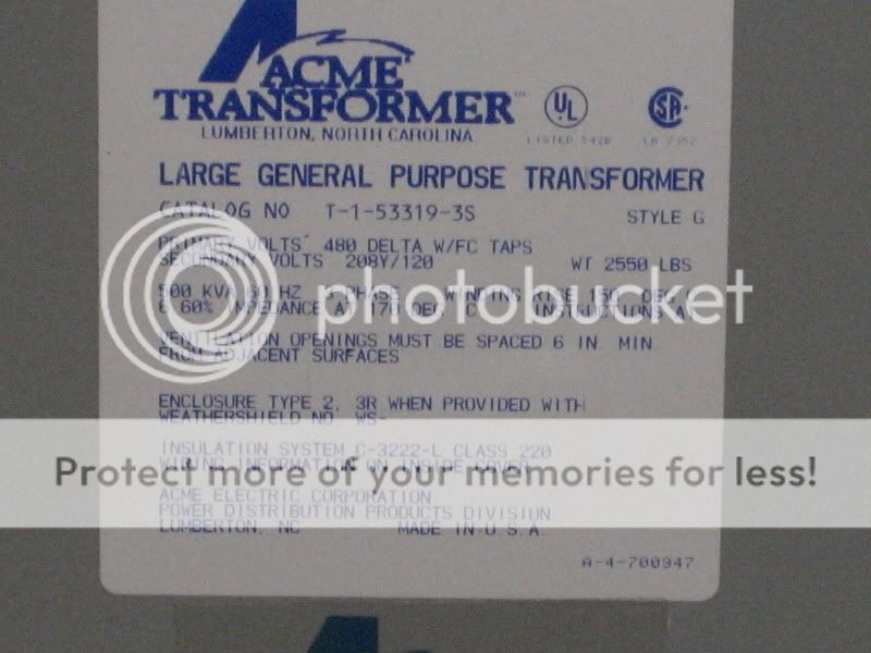 ACME 500 KVA 480 208Y/120 VAC T 1 53319 3S TRANSFORMER  